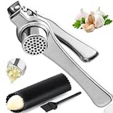 Twiller vitlökspress rostfritt stål, kökshjälpmedel Garlic Press, 18 cm vitlöksskärare med skalningshjälp och borste diskmaskinssäker silver