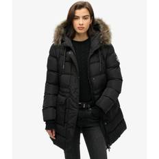 Superdry Damen Mittellanger Everest Steppmantel mit Kunstfellbesatz Schwarz - Größe: 42