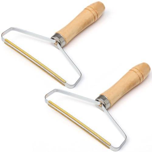 DAZISEN 2PCS Bärbar Luddborttagare - Dubbelsidig Kopparblad Mattskrapa Sällskapsdjur Hund Katthårborttagare för matta med trähandtag Återanvändbart hårborttagningsverktyg Päls Fluff Remover