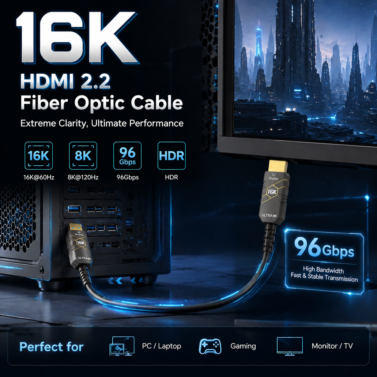 HDMI 2.2 Fiber Optic Cable 16K@60Hz 8K@120Hz 4K@240Hz 96Gbps HDR for RTX 5090/5080 PS4/5 Xbox Laptop HDTV Projector HDMI 2.1