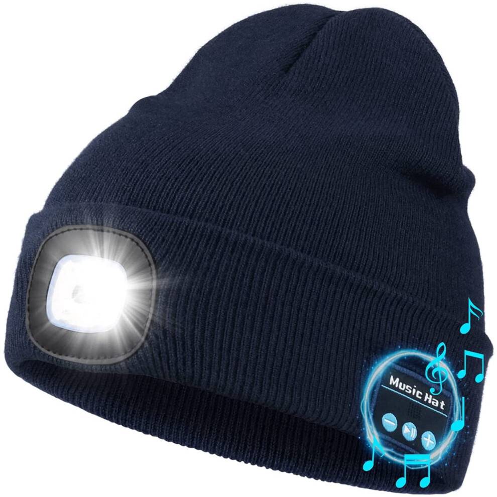 Morttic Bluetooth Beanie Hat med 4 LED-lys, USB-genopladelig, indbyggede højttalere og mikrofon, vinterstrikket natlyshue – marineblå (kompatibel