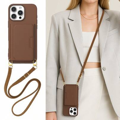 1 st chokladbrun plånboks- och korthållare för mobiltelefon kompatibel med Apple smartphone med mobilrem, ultrapraktiskt mobilskal med justerbar mobil (Multi-size)