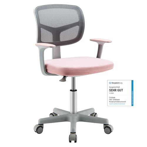 COSTWAY 360° Vridbar Barnskrivbordsstol Rosa – Justerbar Höjd 80–91,5 cm med Ryggstöd, Armstöd och 5 Hjulför Barn 3–10 år
