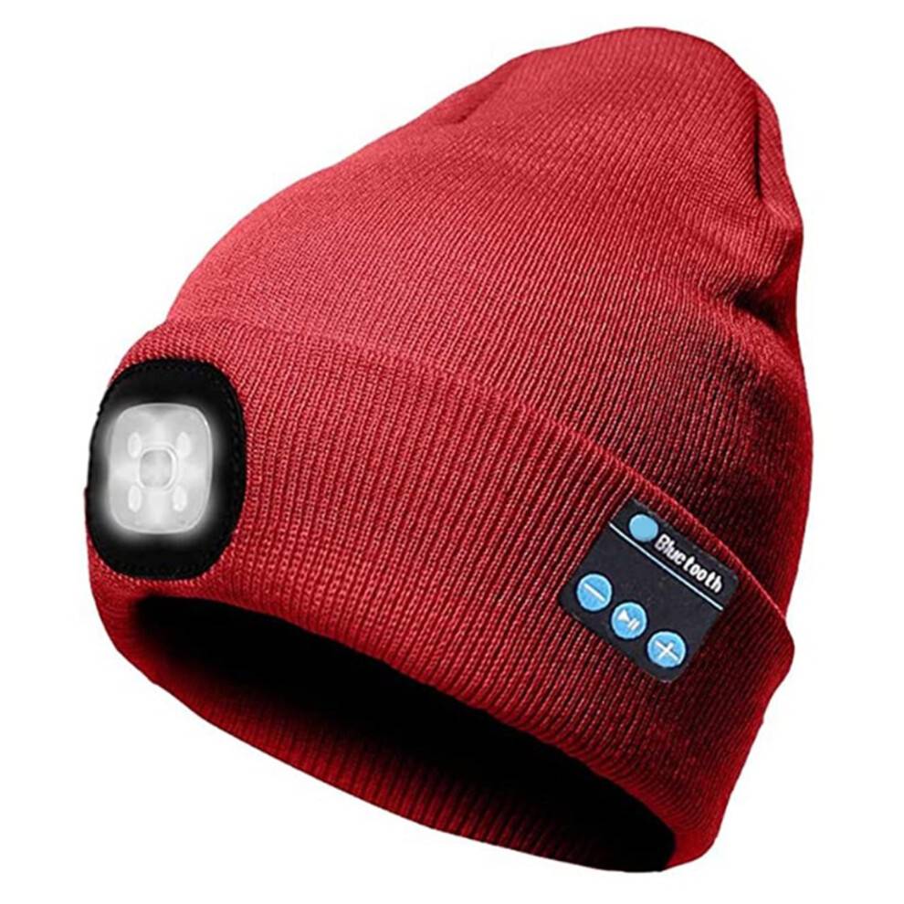 Unisex Bluetooth Beanie Hat med Lys, 4LED USB Genopladelige Trådløse Hovedtelefoner Tech Caps, Gaver til Mænd Kvinder Teenagere Drenge (Rød)