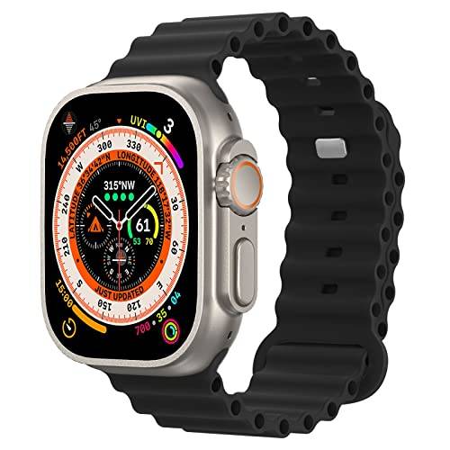 Astorgos Ocean Band Compatible with Apple Watch Ultra 2 Strap 49mm 46mm 45mm 44mm 42mm, Soft Silicone Replacement Sport Strap for iWatch SE Series 10 9 8 7 6 5 4 3 2 1 for Women Men,Black