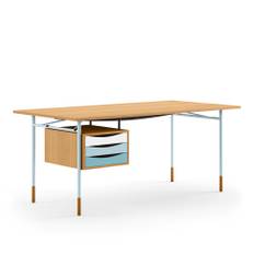 House of Finn Juhl - Nyhavn Desk, 190 cm, with Tray Unit, Oak Dark Oil, Light Blue Steel, Cold - Skrivbord - Finn Juhl - Träfärgad,Blå - Metall/Trä