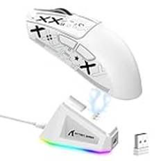 LexonElec x ATTACK SHARK X11 Trådlös Spelmus med RGB Magnetisk Laddningsdocka, PixArt PAW3311-Sensor, Ultralätt 59g Tri-Mode Gaming-Mus med Tejp, Trådbunden/2,4G/BT, 22K DPI för PC/Mac-White&Tape