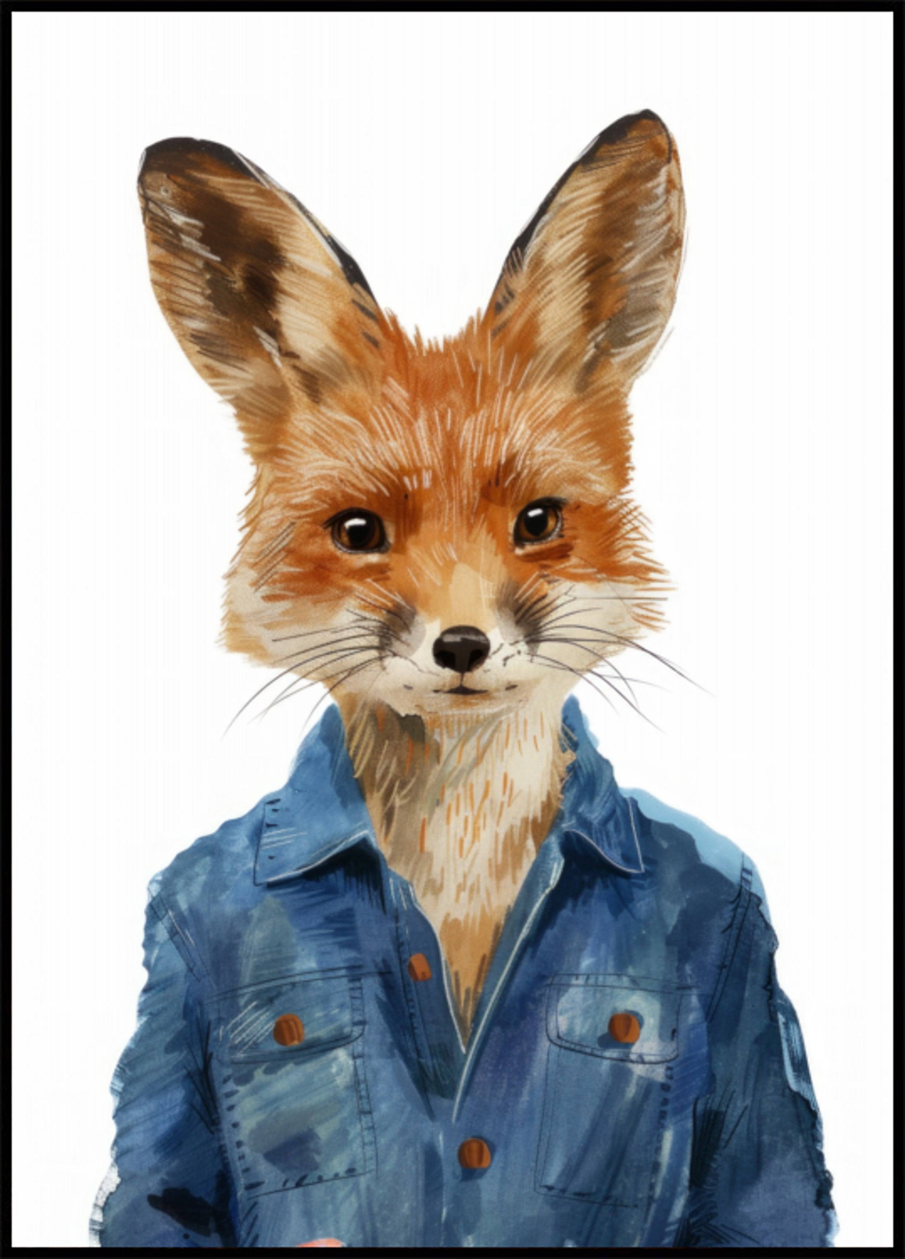 Stylish Fox In Denim Jacket (50x70) - Plakater > Djur Posters, Barnväggskonst, Illustrationsposters, Akvarell, Humoristiska Posters, BD