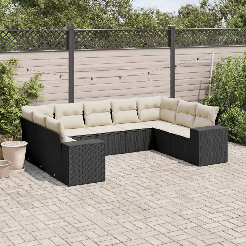 Sofasæt Til Haven 9 Dele Med Hynder Polyrattan - Sort og cremefarvet / Med bord