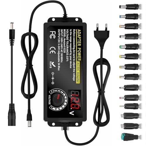 Universell strömförsörjning 3 V ~ 24 V 3 A 72 W justerbar variabel AC/DC-adapter, 100 V–240 V AC till DC-omvandlare med LED-spänningsdisplay och 14 spetsar och polaritetsomvandlare
