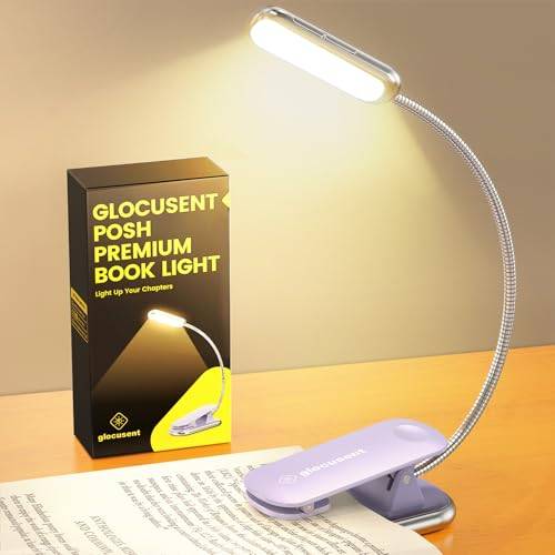 Glocuent Posh Premium läslampa för böcker i sängen med timer, 16-LED uppladdningsbart bokljus körs 160 timmar, 1800K ögonvårdande klipp på läsljus, 3 färger och 5 ljusstyrkanivåer, perfekt för läsare (lila)