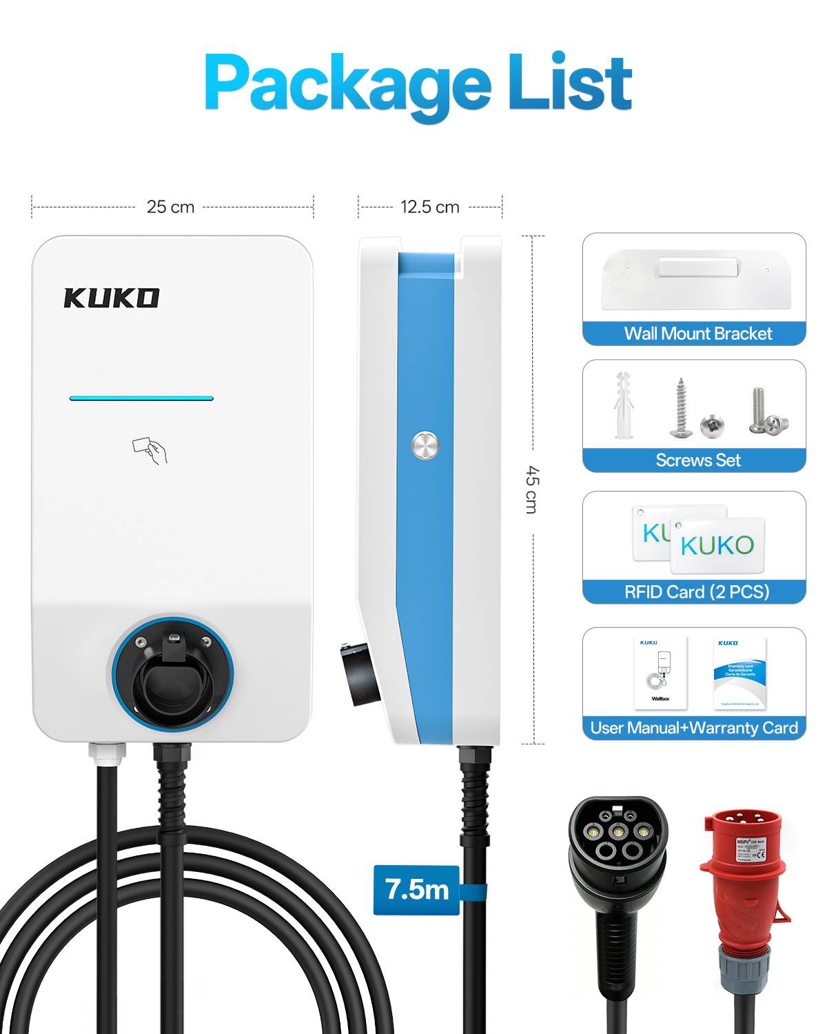KUKO 7/11/22kW Type 2 EV Charger 32A Single-Phase/Multiphase Portable Charger Wallbox EVSE Fast Charging Cable CEE Plug WiFi App Bluetooth Control /EV-Charger für ID.3/4/5/7, IX1 und andere BEV/PHEV