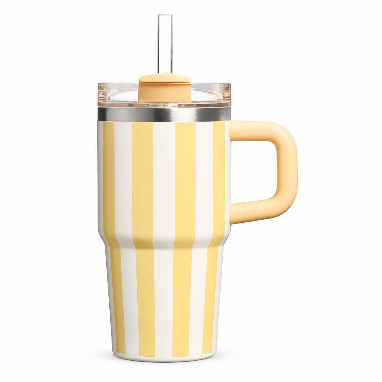 Striped Tumbler Cup with Handle and Straw Double Wall Vacuum Insulated Travel Coffee Mug for Iced Coffee Thermos 20oz rosa