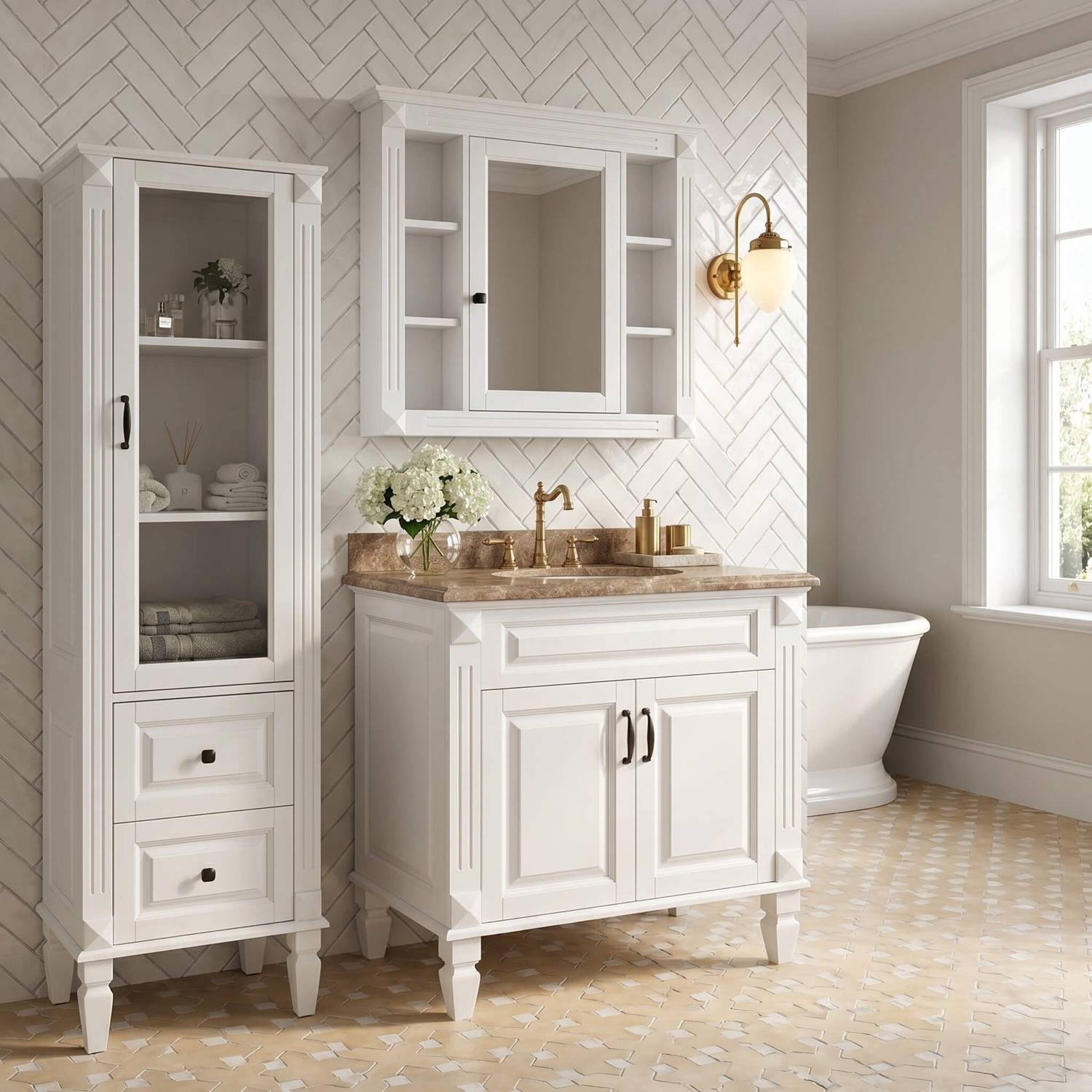 Kommod Badrum 80cm Nashville Vit - Beige Marmor | Kommod Tvättställsskåp | Badrumsmöbler | Vesani