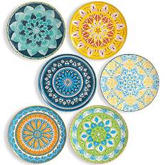 AHX Middagstallrikar i keramik, tallriksset, 25 cm (10 tum), stor rund porslinstallrik, set om 6, platta, färgglatt mönster, middagstallrikar för kök, familj, säkra för diskmaskin, mikrovågsugn och