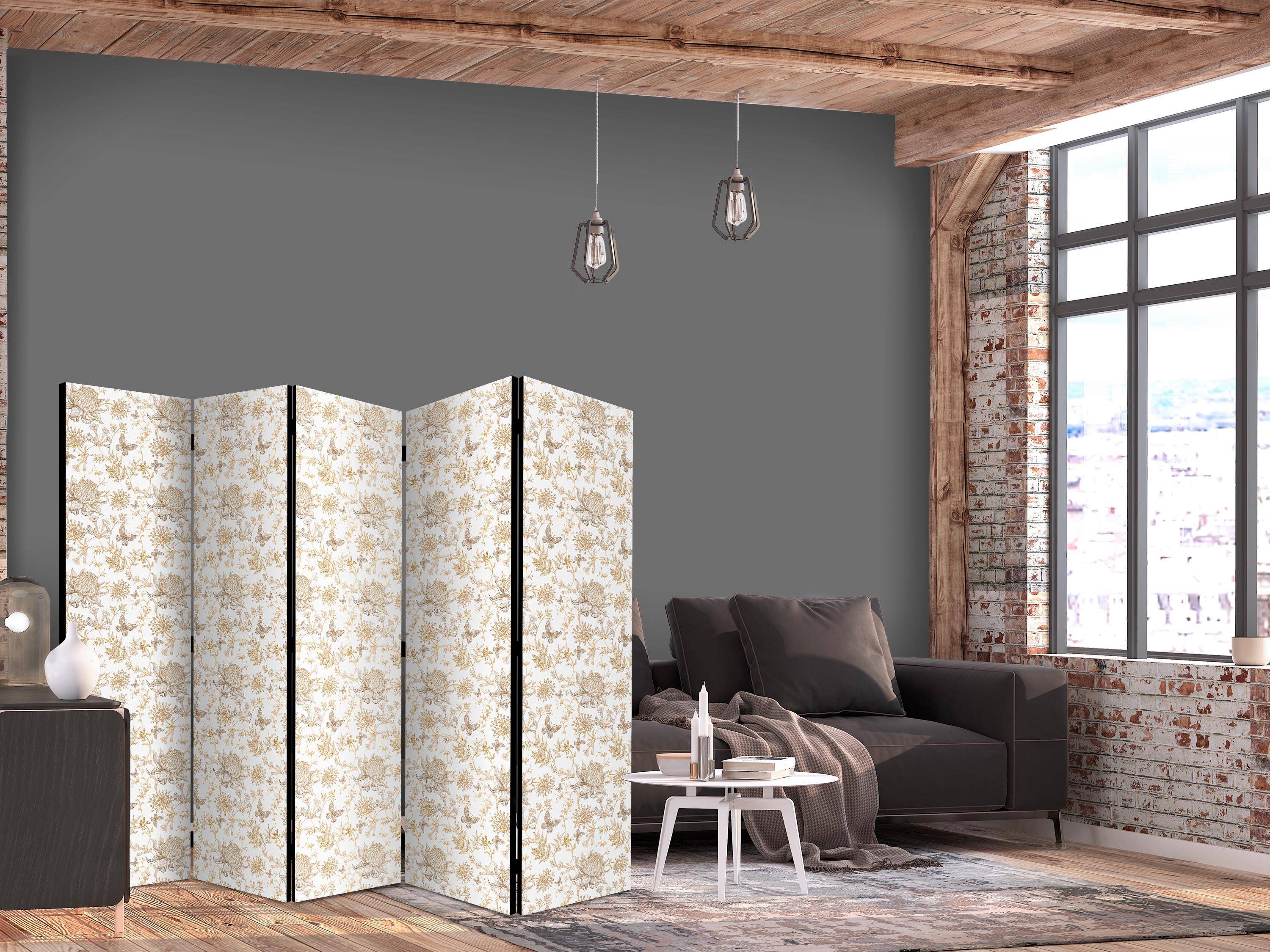 Skærmvæg 5 paneler - Beige naturmotiver med blomster og sommerfugle - 225 x 172 cm - Akustik
