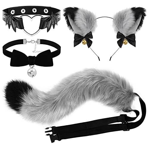 XEPST Kattutklädnadsdräkt med svans och öron, falsk furry räv/lång svans och öron, klockkrage för karneval, fest, dekoration, kostym, dressing