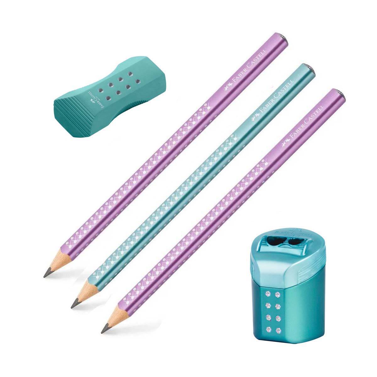 Faber-Castell -3 stk. Sparkle Jumbo Blyanter - Viskelæder - Blyantspidser - Mermaid.