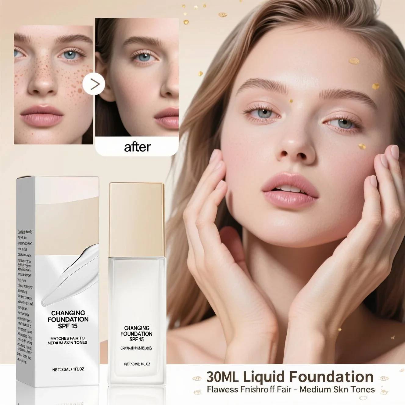 Changing Foundation SPF 15 Lightweight Liquid Makeup for Fair to Medium Skin, Hydrating Natural Coverage with Hyaluronic Acid
