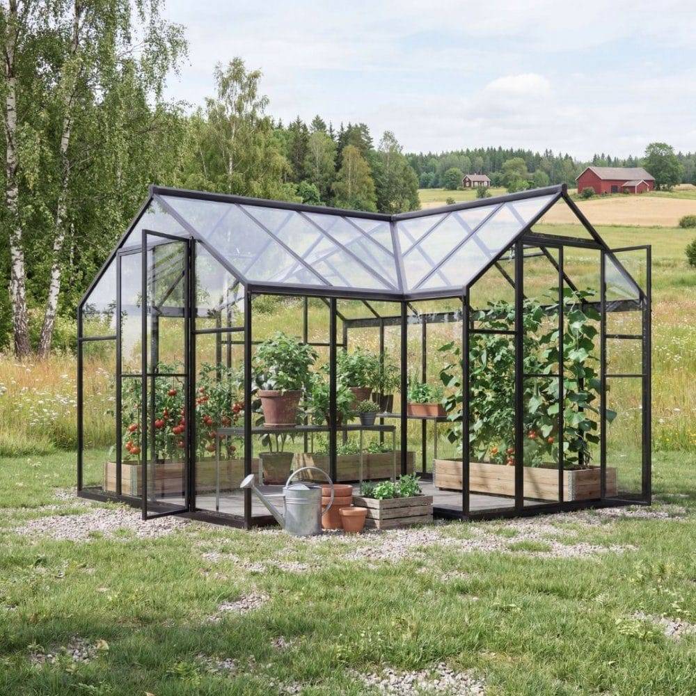 Växthus 11,8 m² | Härdat glas & kanalplast Svart aluminium Titania - Glas