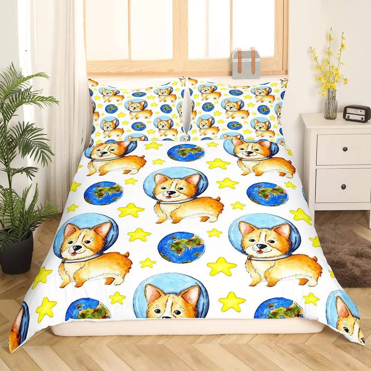 Barn Sött Hund Sängklädesset Sängkläder Tecknade Hundar Täcke Örngott för Pojkar Flickor Barn Husdjur Valp Djur Polyester Påslakan 200x200cm 3pcs