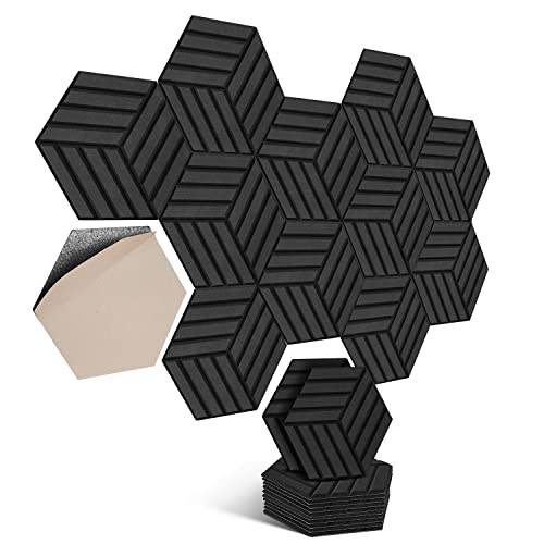 Sexkantiga självhäftande akustikplattor, 12 stycken, ljudisolering med hög densitet, för vägg, tak, trä och dörr – akustikpanel, ljudisoleringsplattor, 30 x 26 x 0,9 cm, ränder, svart