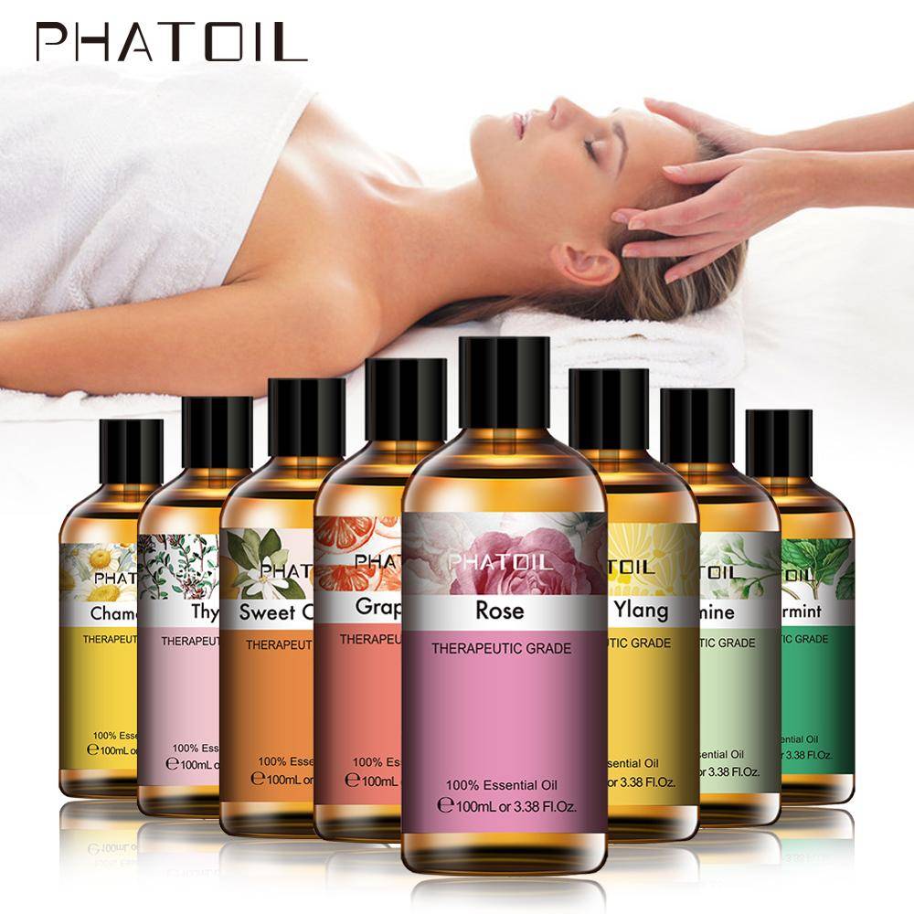 PHATOIL 100ML Rose Vanilj Lavendel Kanel Mint Tea Tree eteriska oljor för aromaterapi Diffuser Bad Massage Avslappning Hår- och hudvård