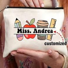 1pc Custom Name Thank You Teacher Personalized Gift Make Up Bag, Ladies Purse, Canvas Travel Toiletry Bag, Cosmetic Organizer Case, Back To School Tea - Beige