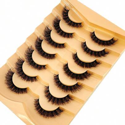 Nya 7 par/set korta 3D minkfalska ögonfransar, rysk DD-curl, handgjorda, naturligt fluffiga och täta, hela remsan falska ögonfransar, ögonmakeuppartih - Svart