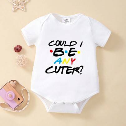 Babyflicka Slogan Grafisk Rund Hals Kortärmad Avslappnad Romper - Vitt (6-9M,9-12M,12-18M,1-3M,3-6M)