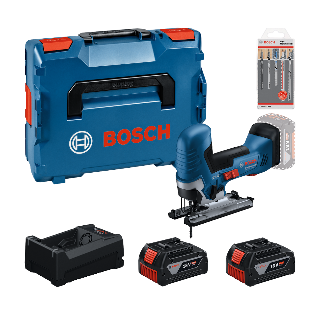 Bosch Professional GST 18V-125 S Stiksav med 2 stk. GBA 5,0Ah, GAL 12V/18V-80 lader, L-BOXX 136 og stikksavsklingesæt