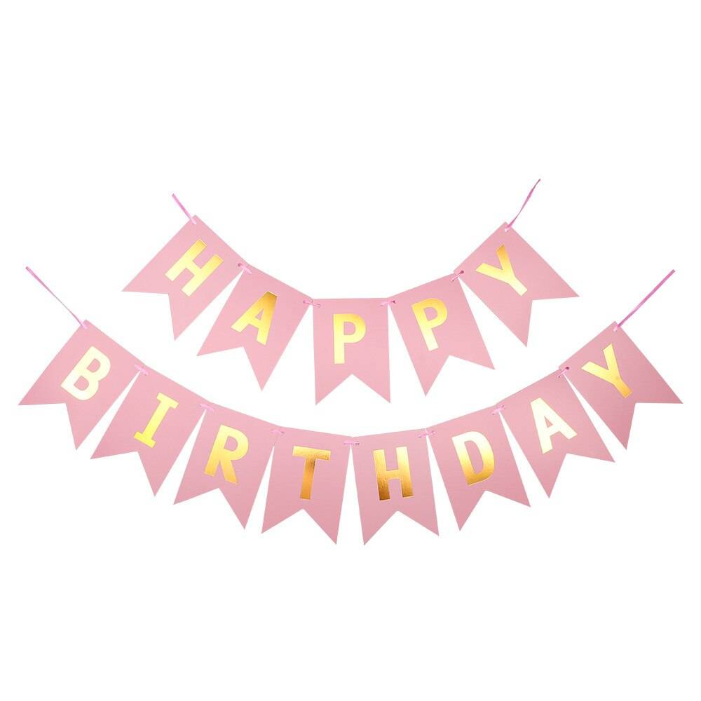 Flerfärgad grattis på födelsedagen bunting banderoll baby shower tapet vimplar svart guld vuxen party girlander streamers flaggor jl0061 - Rosa guld / S