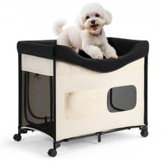 VEVOR Elevated Lounge Pet Bed, Foldbar Køjeseng til Hund med 600D Oxford-stof og hollandsk fløjl, Bærbar Hævet Tremmeseng med Hjul, Sideopbevaringsposer og Bæretaske til Katte og Hunde, XL, Beige