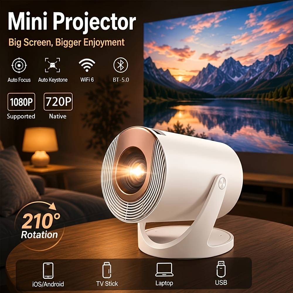 Smart Mini Projector: A Wireless Projector With Wi-fi Connectivity, Supporting 4k 1080p Resolution. It Features Built-in Stereo Speakers And Audio For A Home Theater Experience
