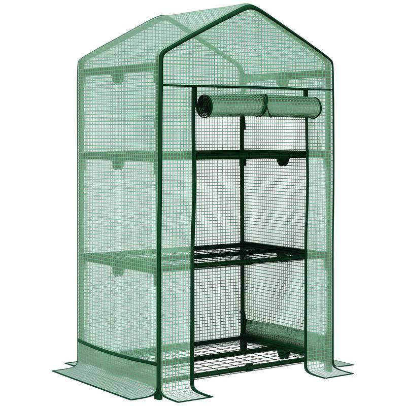Mini Greenhouse Grow Tent with Plastic Cover and 3 Shelves Shelves Rolling Door Vegetable Garden