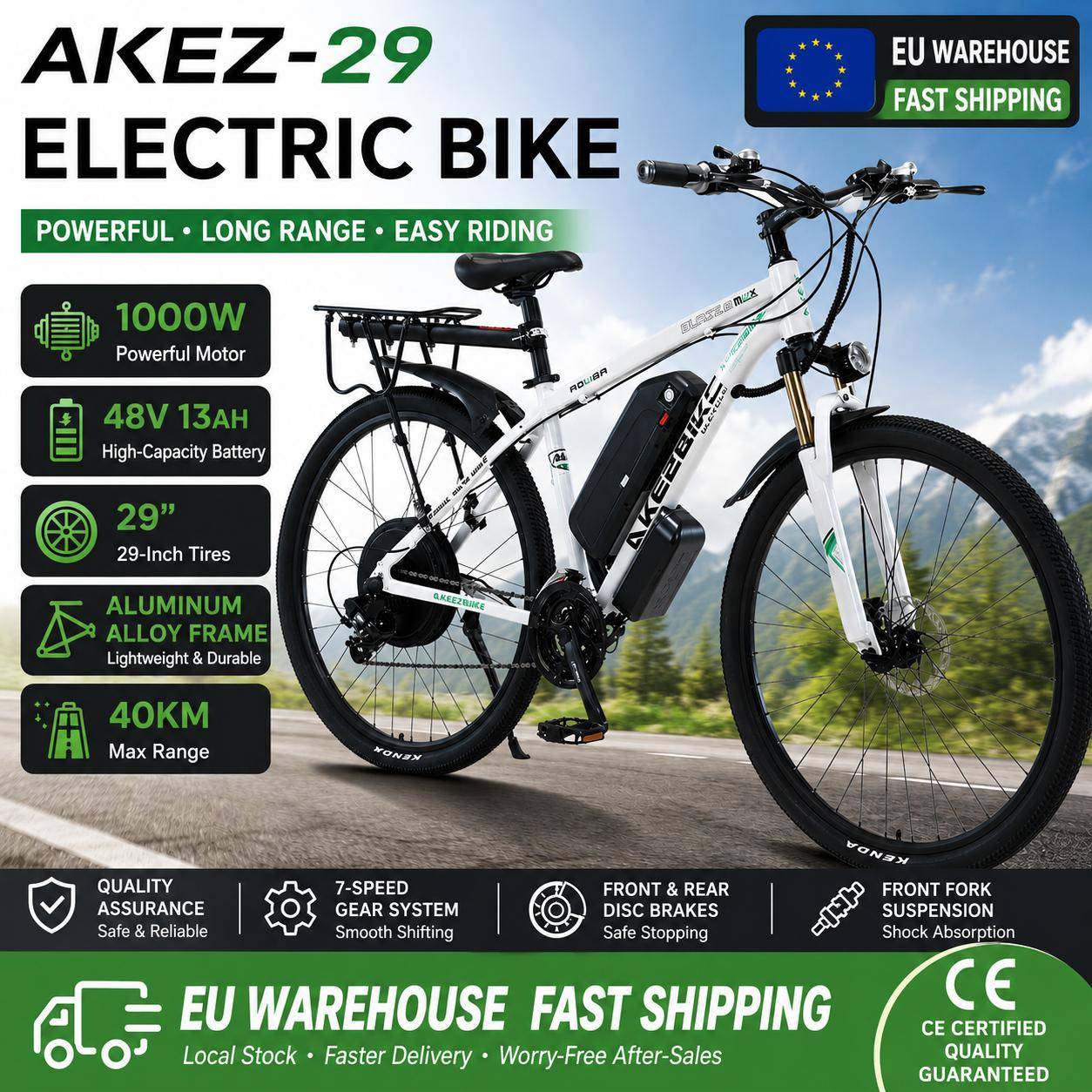Ny AKEZ Aluminiumlegering Elcykel 21 Växlar Vuxen 29 tum Stadsgata Elcykel 48V 13Ah Litiumbatteri 1000W Elcykel vit