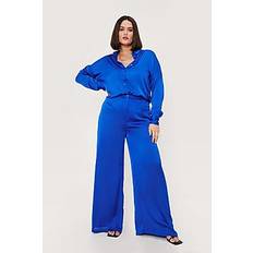 Plus Size Satin High Waisted Wide Leg Pants - cobalt - 48