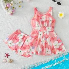 2 st. ärmlös baddräkt och shortsset med digitaltryckt blommigt tryck för unga flickor, sommar - Orange (6Y,7Y,8Y,5Y)