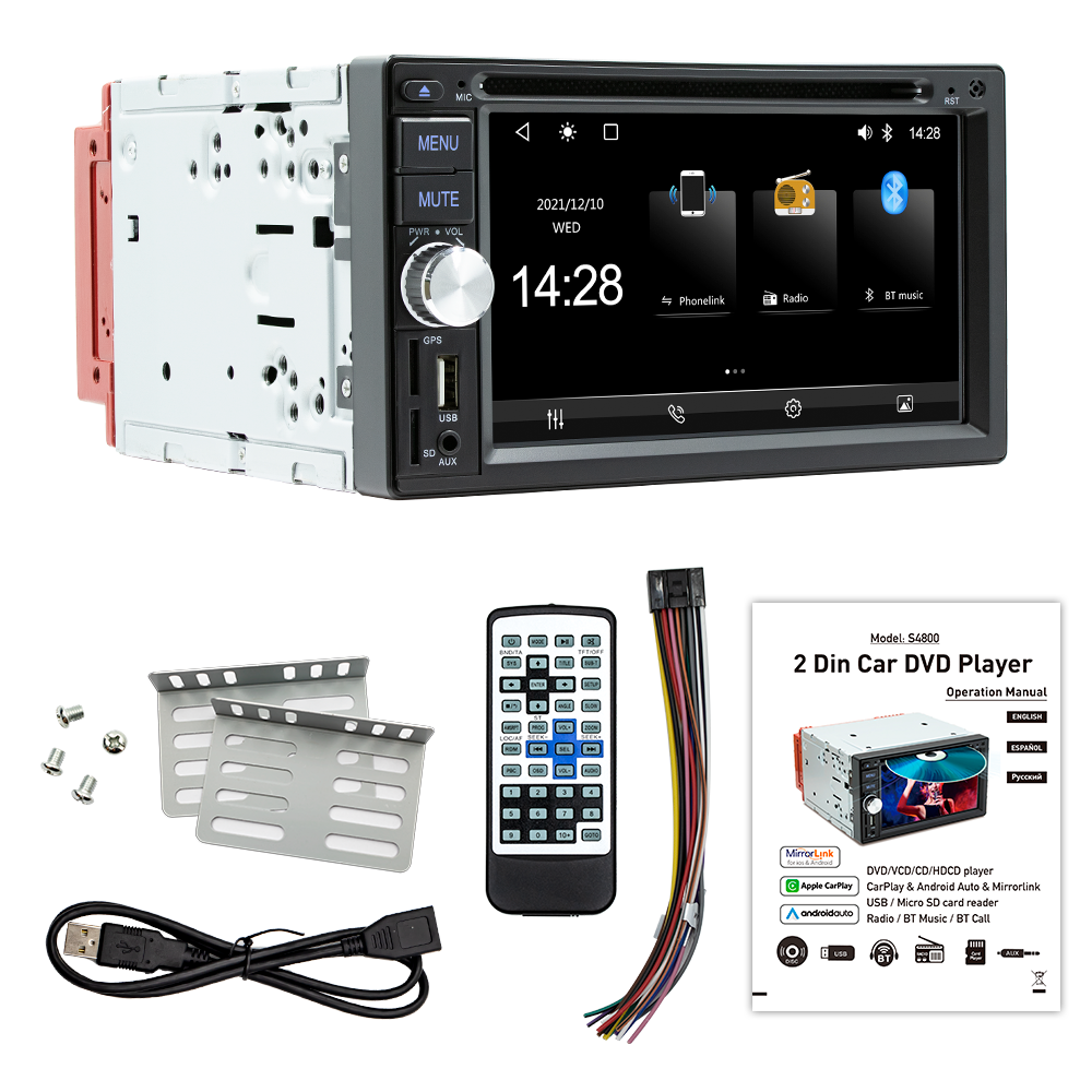 Autoradio 2DIN med 6,2" skærm Apple Carplay/Android Auto - S4800 CD/DVD - Inkl. bakkamera
