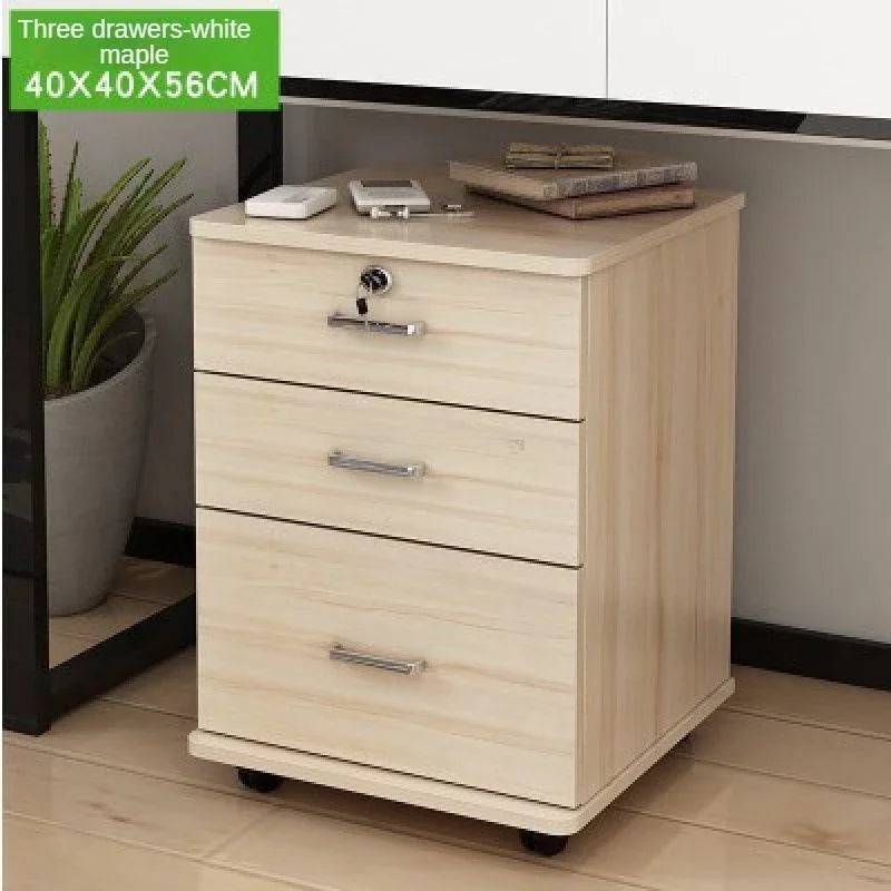 3 Drawer Wooden Office Cabinet File Storage Cabinet with Lock Floor Stand Wheel Design Movable File Organizer Office Supplies - White maple