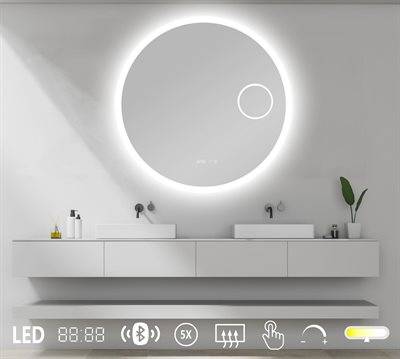 Rundt spejl med LED lys, kosmetikspejl, dæmpning, antidamp, højtalere & farveskift - 110 cm