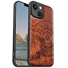 Carveit Träfodral kompatibelt med iPhone 13 mini Skal Fall Magnetisk Cover trådlös laddning för 13 mini Fodra Stötsäkert trä Hybridfodral TPU Case (Reste sig-Kompassen från stora vågor)