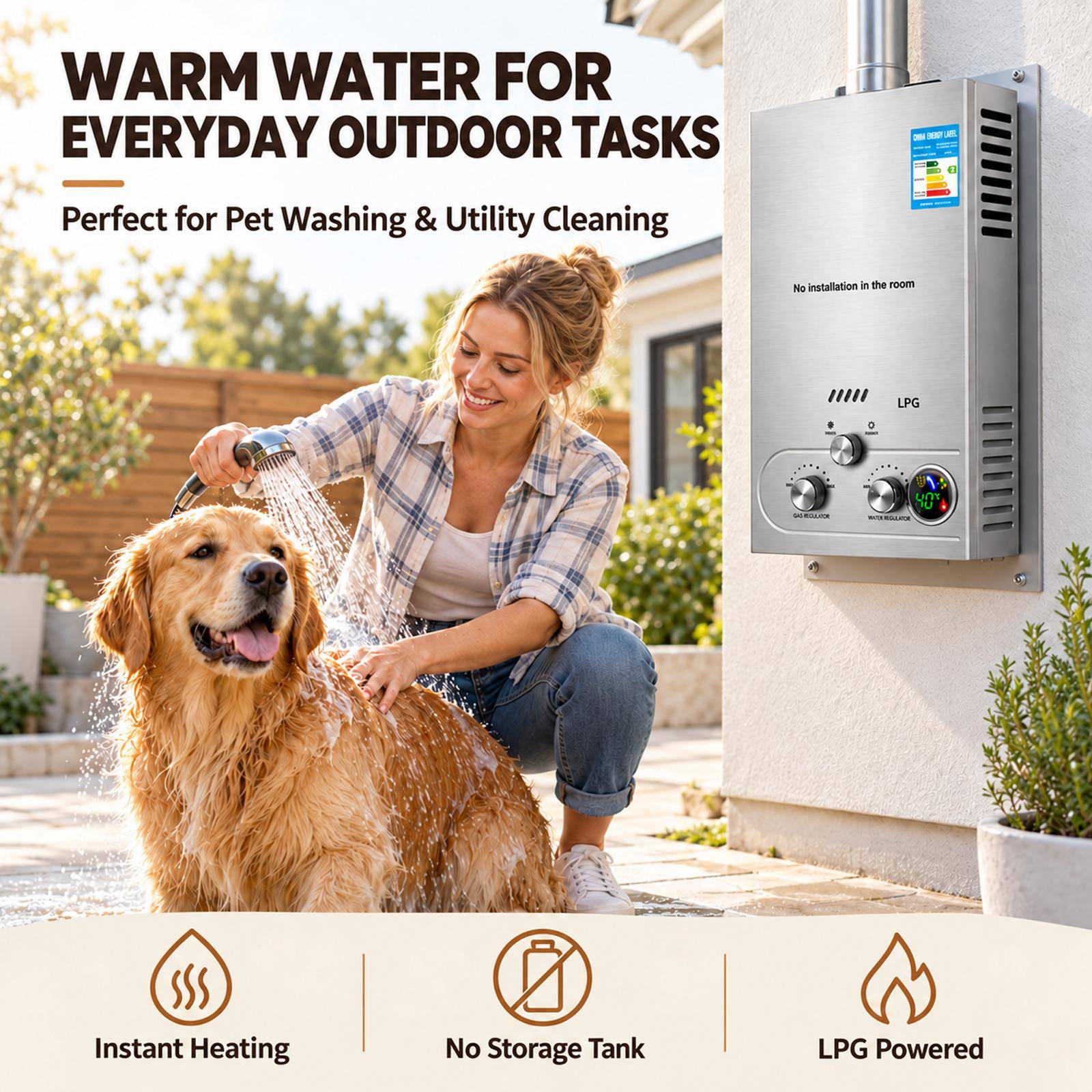 6L-18L LPG Tankless Water Heater Propane Instant Boiler for Bathroom Outdoor Camping Caravan & Car Use Workshop & Utility Pet Washing