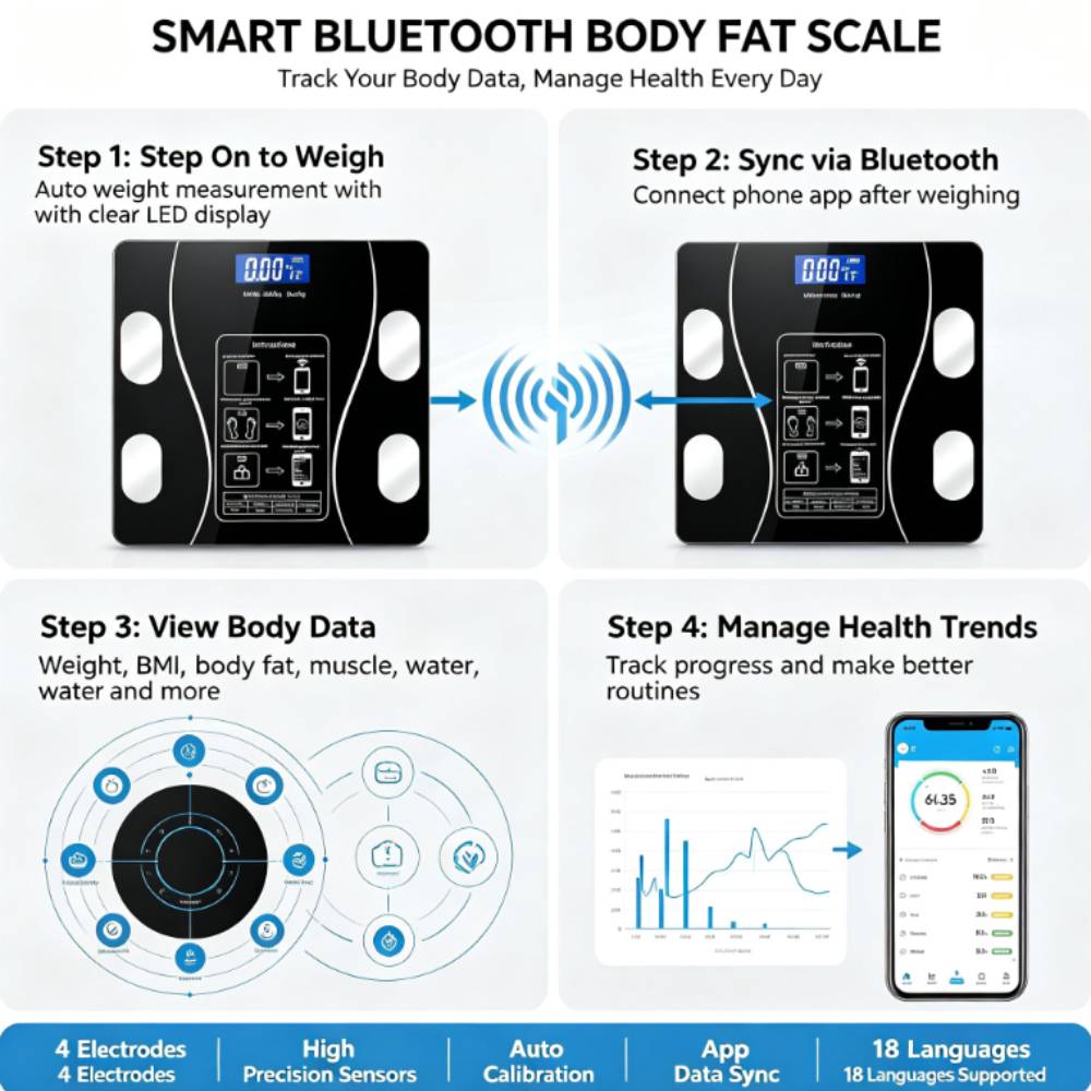 Smart Bluetooth Body Fat Scale, Digital Wireless Bathroom Weight Scale, Bmi Body Composition Monitor, up to 180kg Capacity for Household Body Weight Tracking
