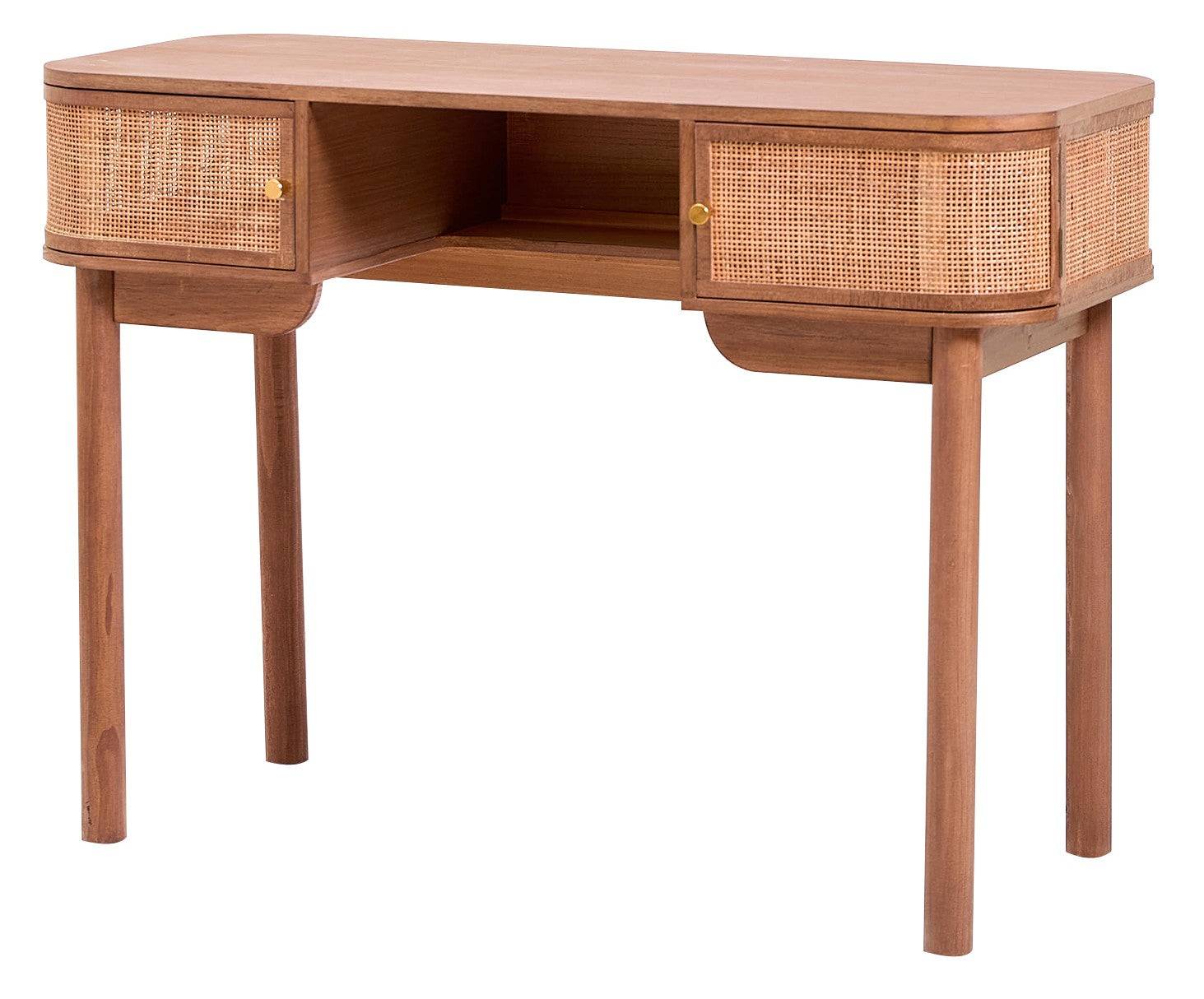 TOYAMA skrivebord med skuffer - valnøddetræ og naturlig rattan