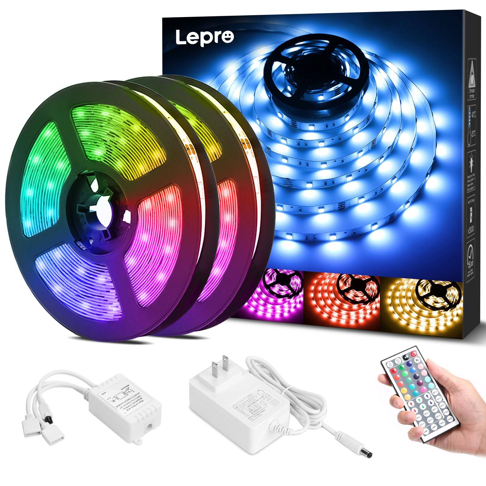 Lepro LED Strip Light, String Light, Cabinet Light, SMD 5050, Double-Sided Tape, 10m (5m x 2 Strips), 300 Strips, RGB 30 LEDs/m, High Brightness, 44K