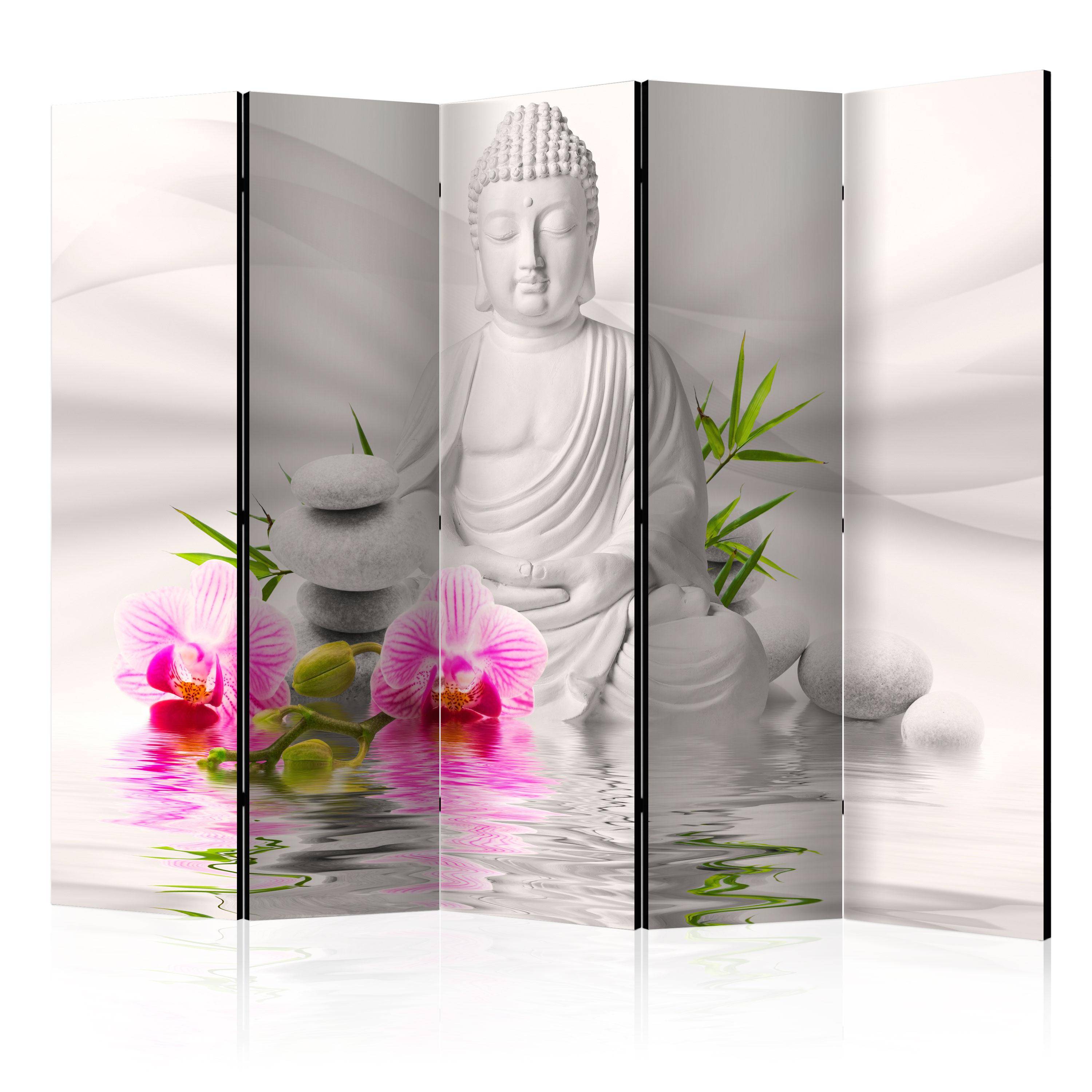 Skærmvæg med Buddha og orkidéer II - 5 paneler, 225 x 172 cm - 225 x 172 cm - Akustik