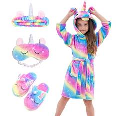 Piefry Mjuk Unicorn Badrock med huva för flickor med Unicorn Tofflor - Gåvor till flickor, Regnbåge, 5-6 år
