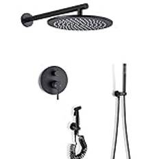 Shower Regnduschsystem Mattsvart Regnblandare Duschkombiset Väggmonterat badrumsduschkranset med runt regnduschhuvud, handdusch, bidéspray, 10 tums dekoration Shower head
