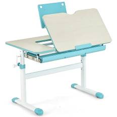 COSTWAY Barnskrivbord 51–73 cm höjdjusterbart, skolskrivbord med lutbar bordsskiva, bokstativ, låda och linjal, ergonomiskt ungdomsskrivbord för 3–12 år barn (blå)